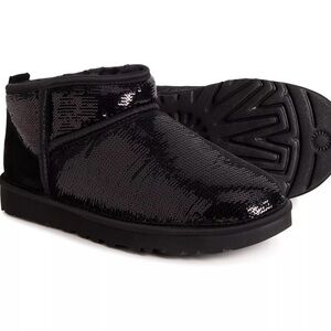 New UGG Women's Classic Ultra Mini Mirror Ball Boots Black Size 6